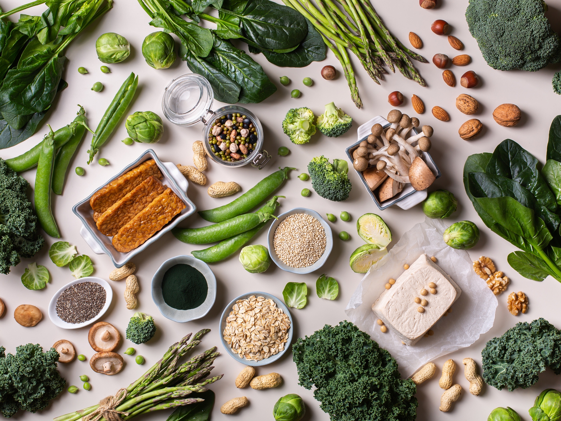 Variety Of Healthy Vegan, Plant Based Protein Source And Body Building Food. View From Above