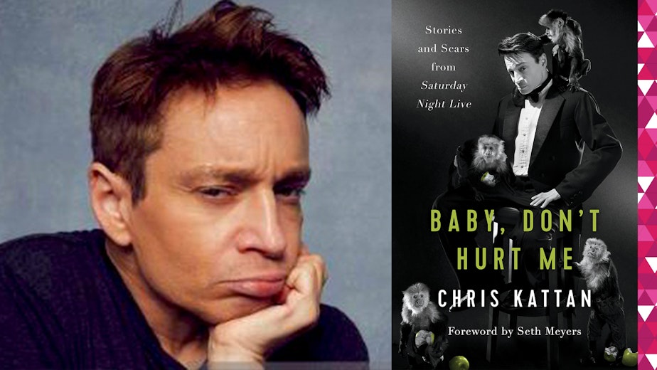 caption: Chris Kattan and his new book, Baby Don't Hurt Me.