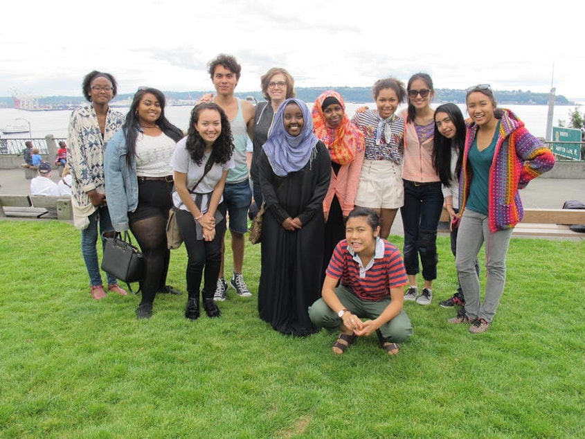 caption: RadioActive Youth Producers from L-R: Leija Farr, Alicia Quarles, Ernesto Morfin Montes de Oca, Meghan O'Kelley, Ardo Hersi, Ahlaam Ibraahim, Nina Tran, Nia Price-Nascimento, Esa Tilija, Maria Caoagdan, and Angela Nguyen.