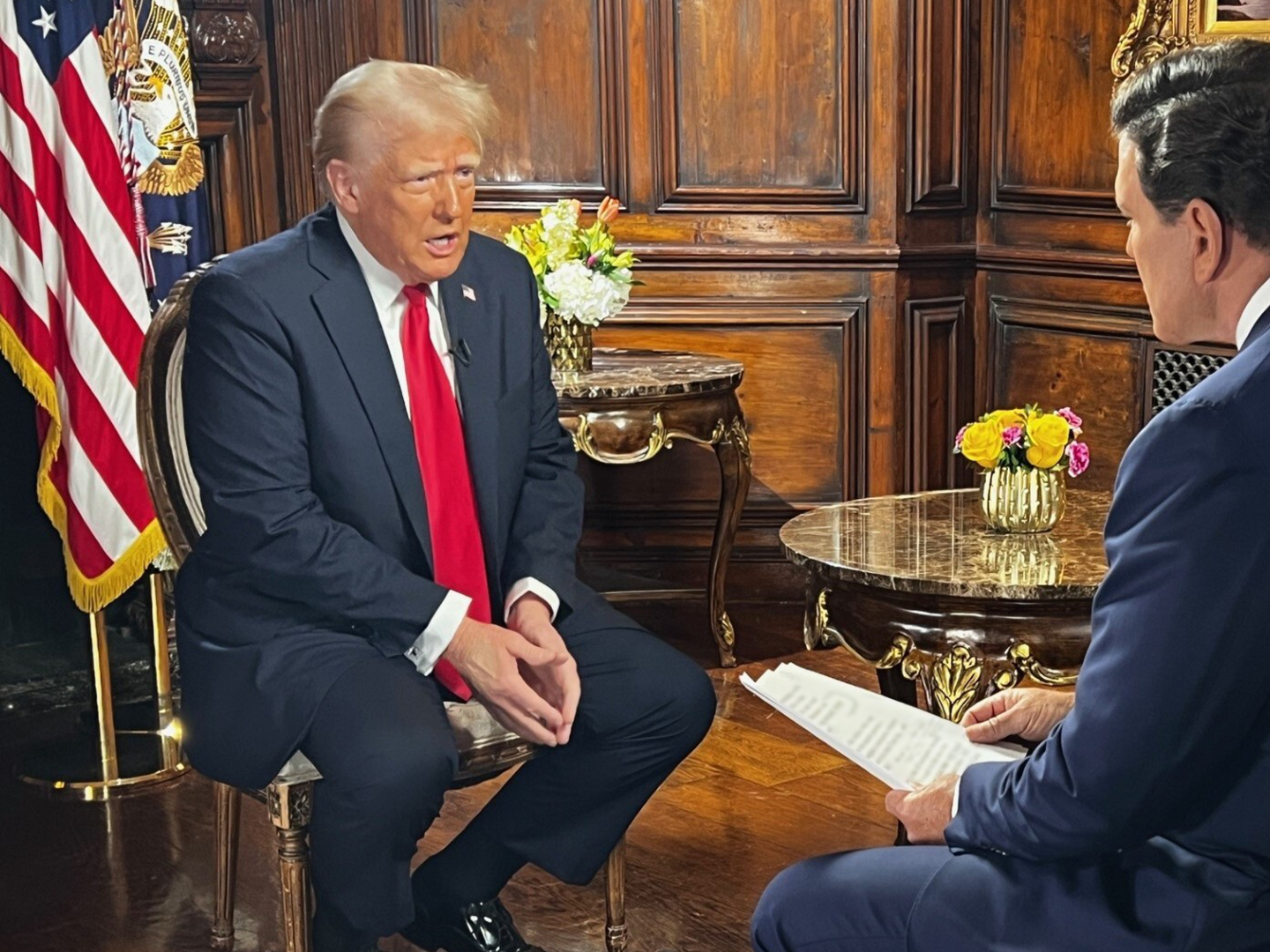 caption: President Trump sits for an interview with Fox News Channel's Bret Baier at the Mar-a-Lago Club in Palm Beach, Fla.