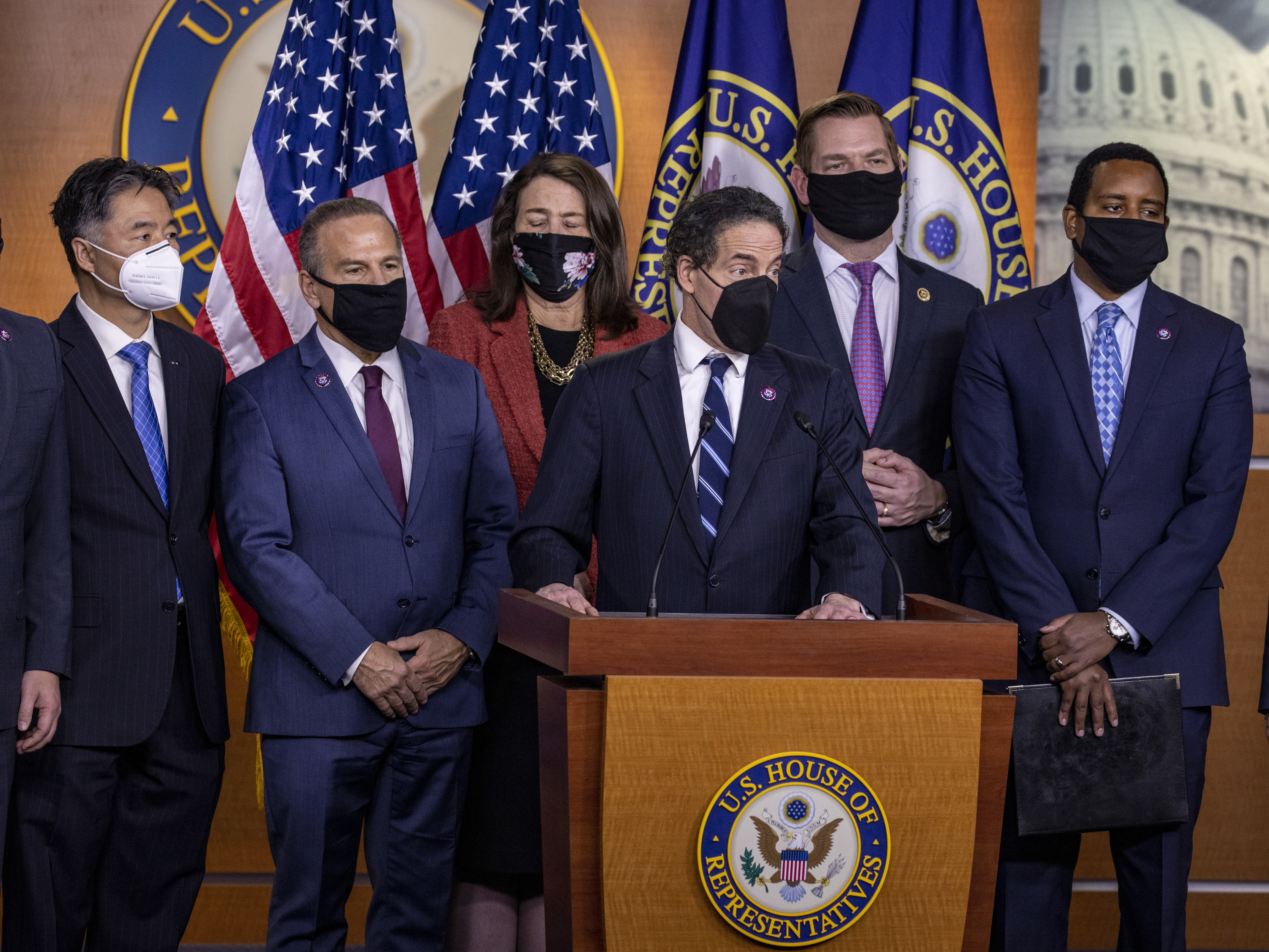caption: Rep. Jamie Raskin, D-Md., who's speaking and who's seen here alongside the other House impeachment managers on Saturday, says they have "no regrets" over their trial strategy.