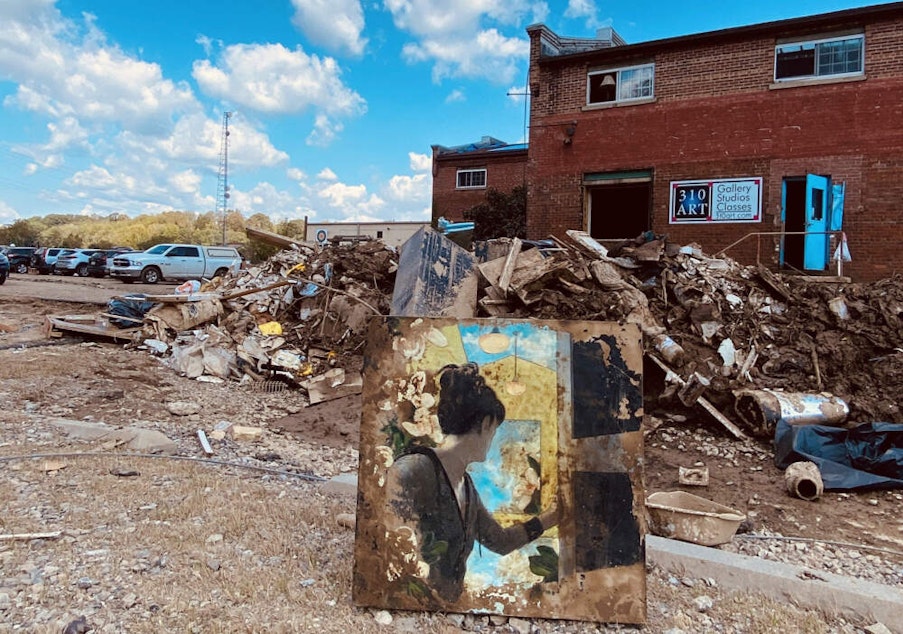 caption: 310 artist and teacher, Bridget Benton's piece "Don’t Look Back" was recovered from studio ruins. (Courtesy of Bridget Benton)
