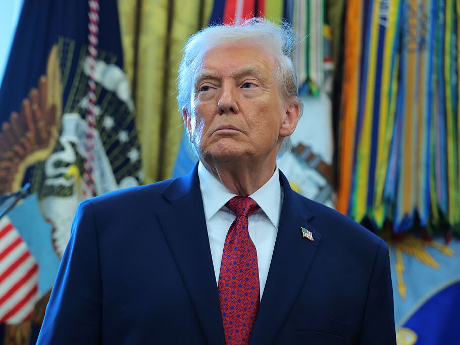 caption: President Trump is pictured in the Oval Office on Monday.