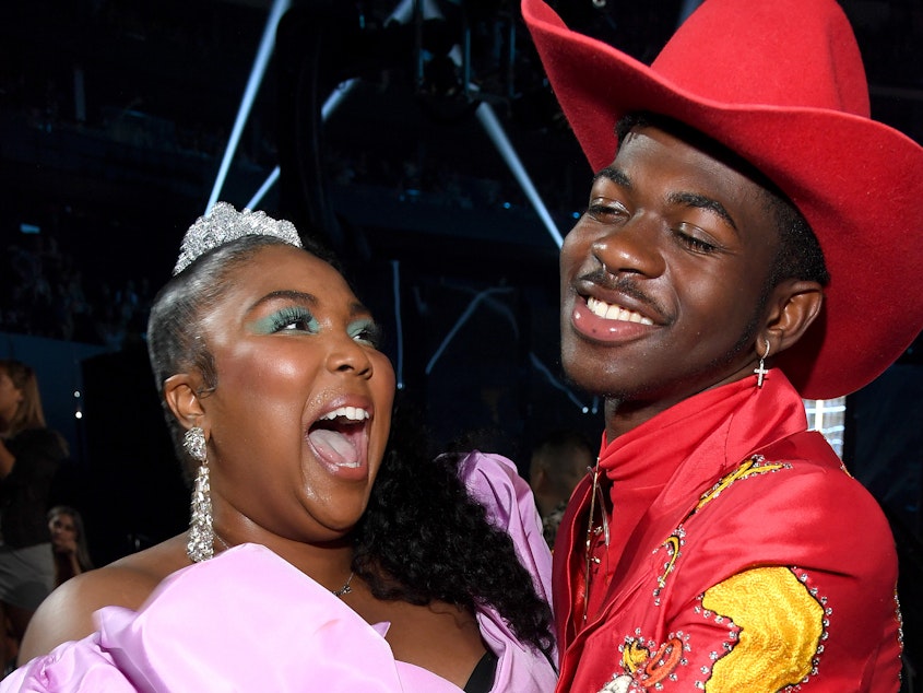 caption: Lizzo and Lil Nas X, both nominees for best new artist at the 2020 Grammys, during the 2019 MTV Video Music Awards on August 26, 2019.