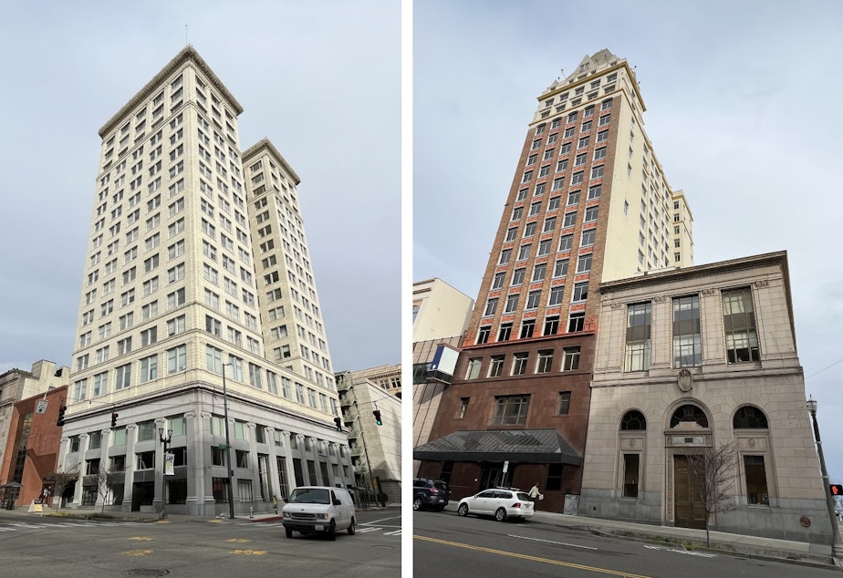 caption: Laird says these buildings in downtown Tacoma are also being converted to residential. The Astor (on the Left) owned by Unico already has residents in it.