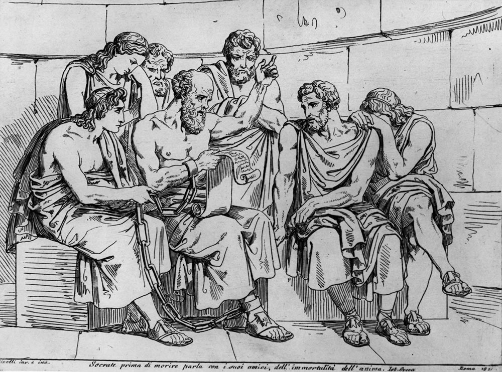caption: Circa 410 BC, The Greek philosopher Socrates (469 - 399 BC) teaches his doctrines to the young Athenians whilst awaiting his execution. Original Artwork: An engraving after a painting by Pinelli. (Hulton Archive/Getty Images)