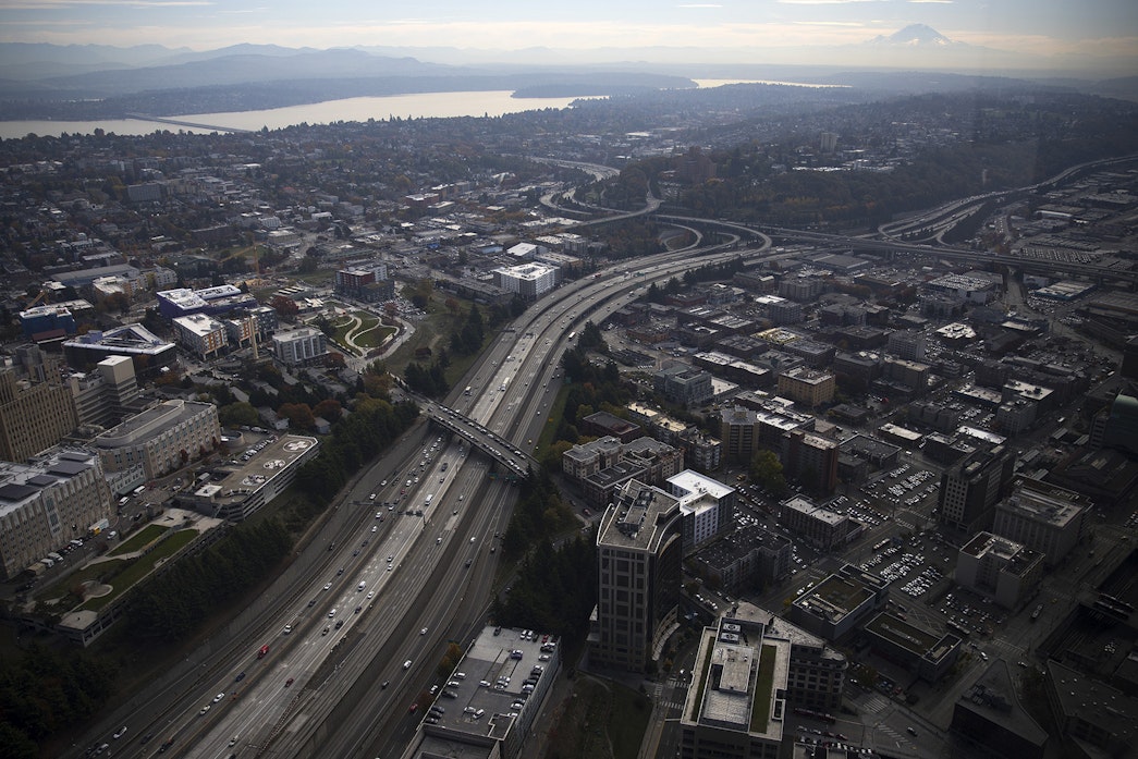 caption: Traffic along I-5 is shown on Thursday, October 18, 2018, in Seattle.