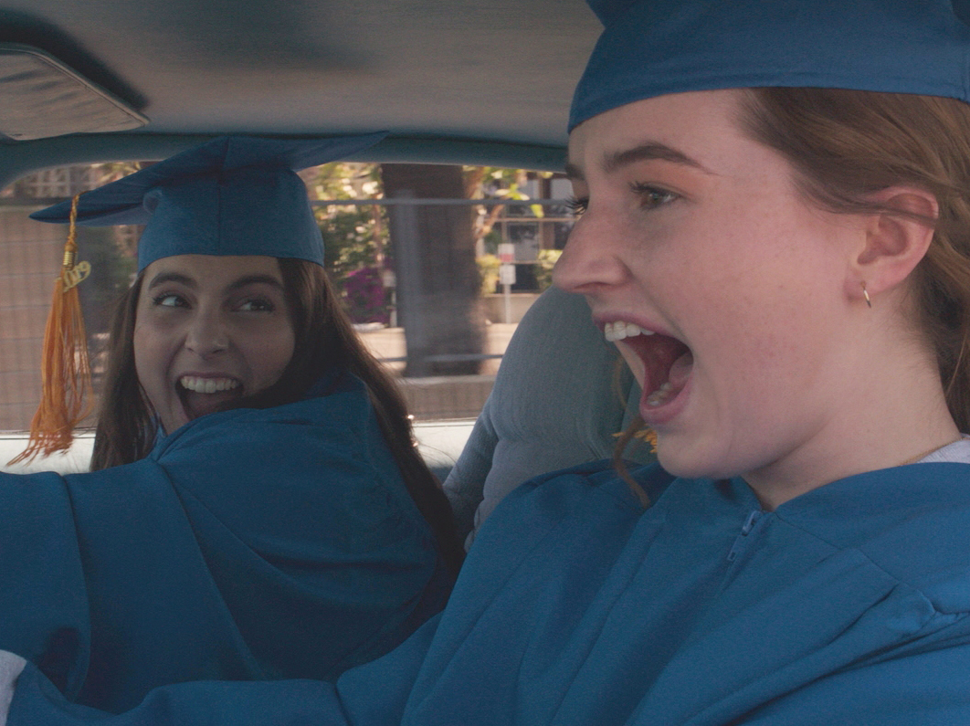caption: Beanie Feldstein, left, and Kaitlyn Dever, play Molly and Amy, two star students who decide they need to cram four years of high school partying into one night in <em>Booksmart.</em>