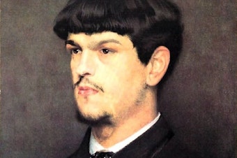 caption: A portrait of composer Claude Debussy painted by Marcel  Baschet, 1884.