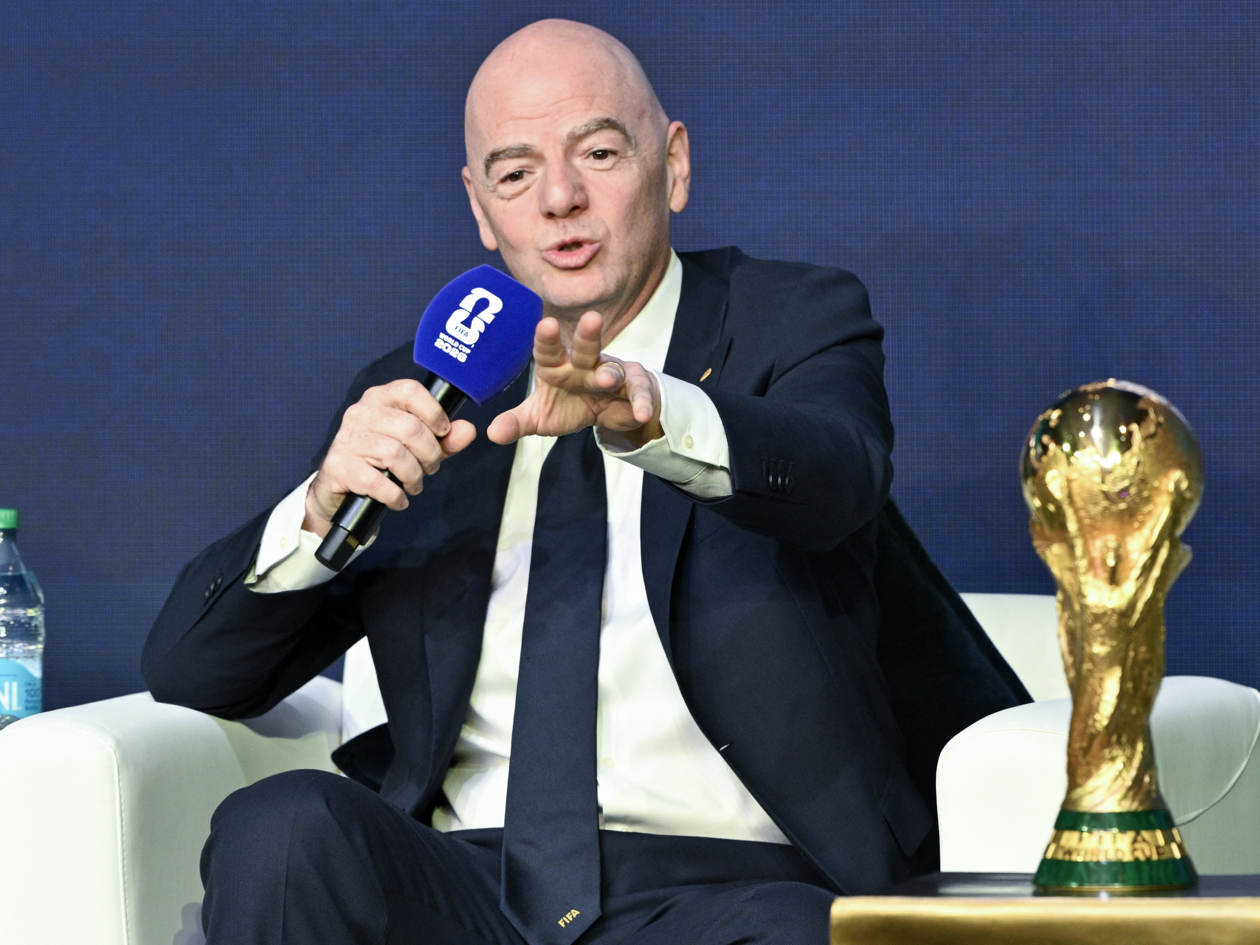 caption: FIFA President Gianni Infantino speaks during the FIFA World Cup 2026 official match schedule announcement in Washington, D.C., on Dec. 6, 2025.