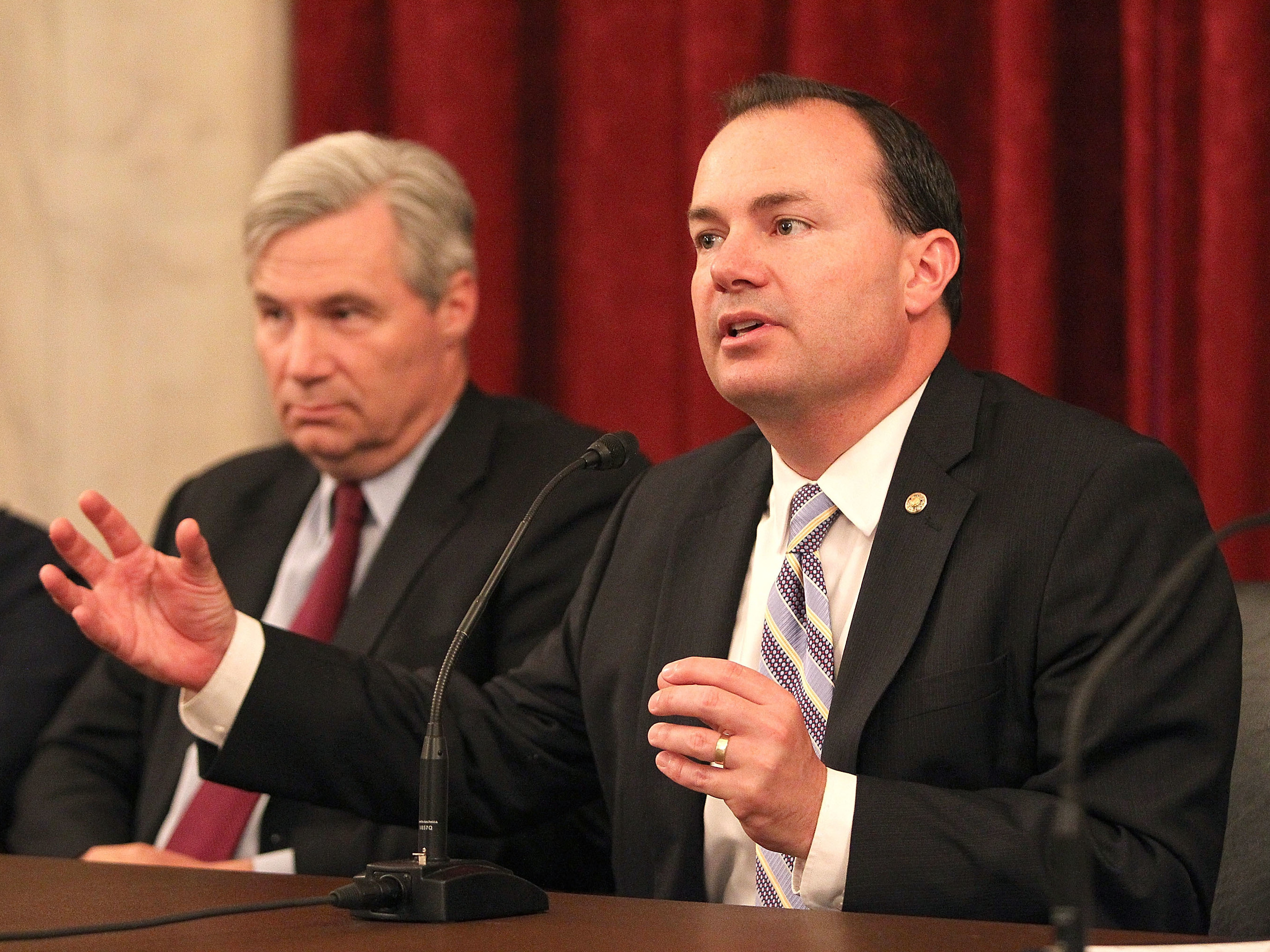 caption: Sen. Mike Lee, A Utah Republican, speaks at The Edward M. Kennedy Institute for the United States Senate and the Coalition for Public Safety sponsored Across the Aisle: A bipartisan conversation on Criminal Justice Reform panel discussion at the Russell Senate Office Building on July 14, 2015 in Washington, DC.