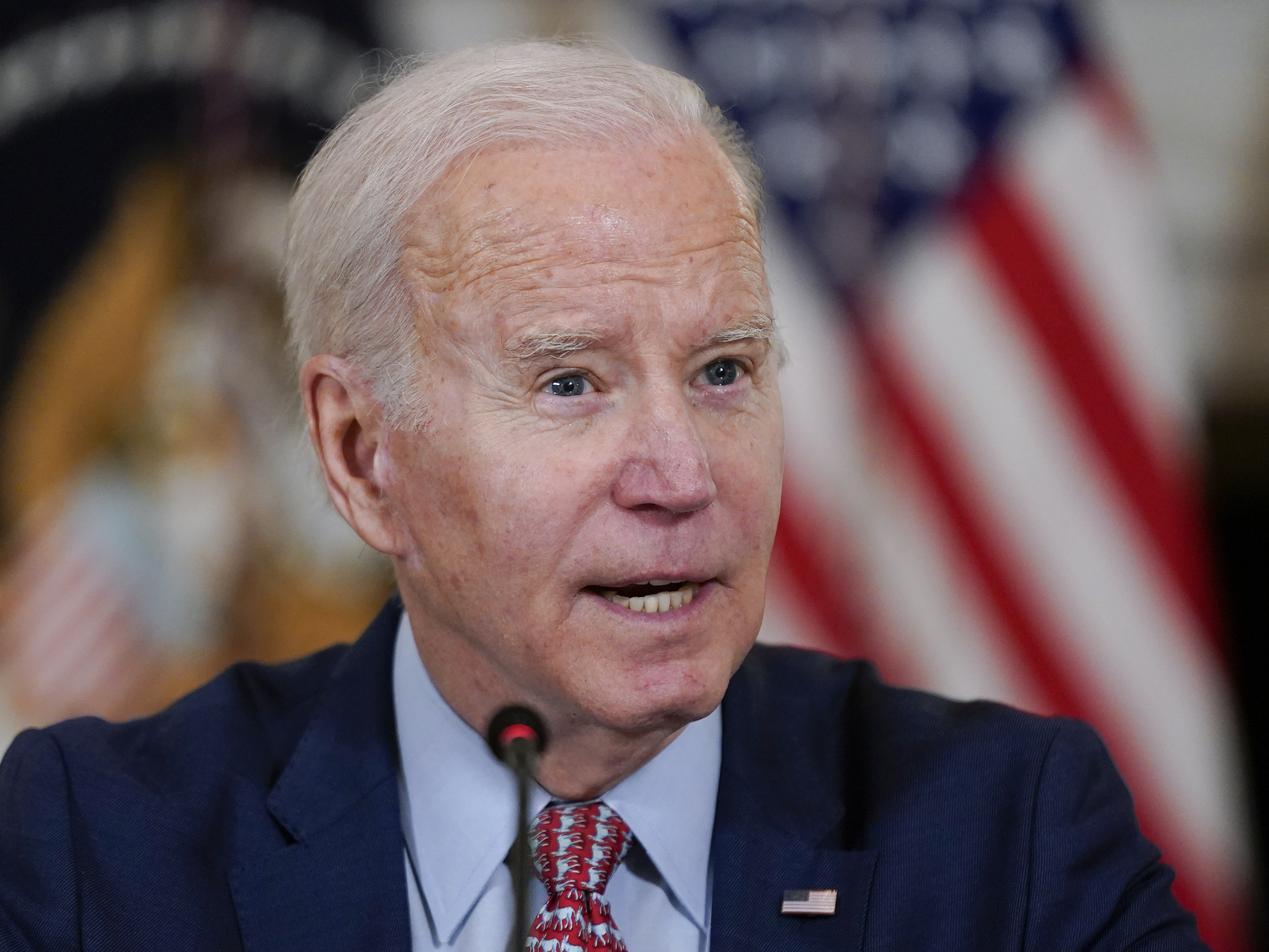 caption: President Joe Biden speaks during a meeting with the President's Council of Advisors on Science and Technology in the State Dining Room of the White House on April 4, 2023, in Washington.