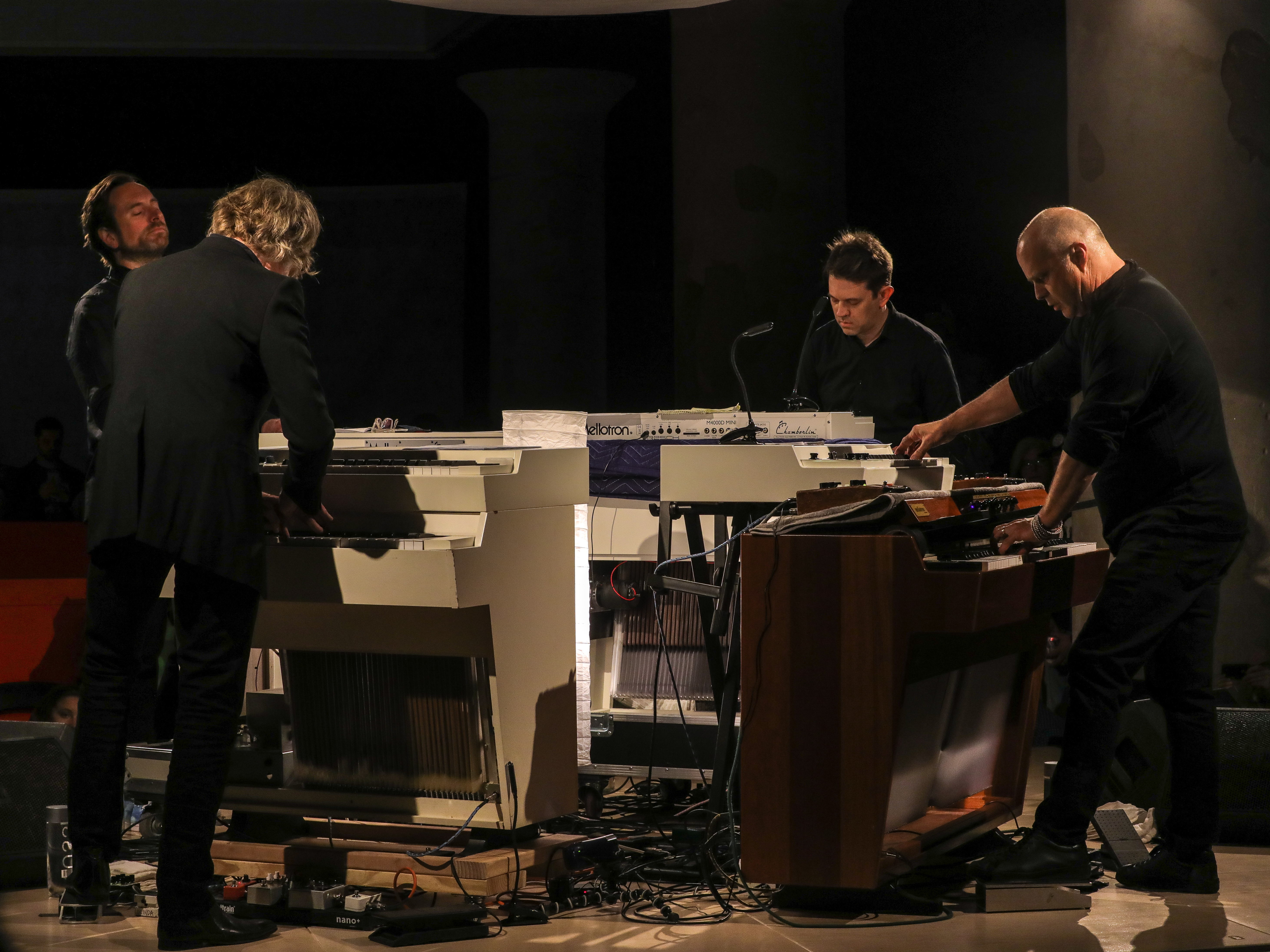caption: From left to right: Musicians Robby Grant, Pat Sansone, Jonathan Kirkscey and John Medeski perform in April 2018.