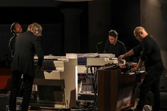 caption: From left to right: Musicians Robby Grant, Pat Sansone, Jonathan Kirkscey and John Medeski perform in April 2018.