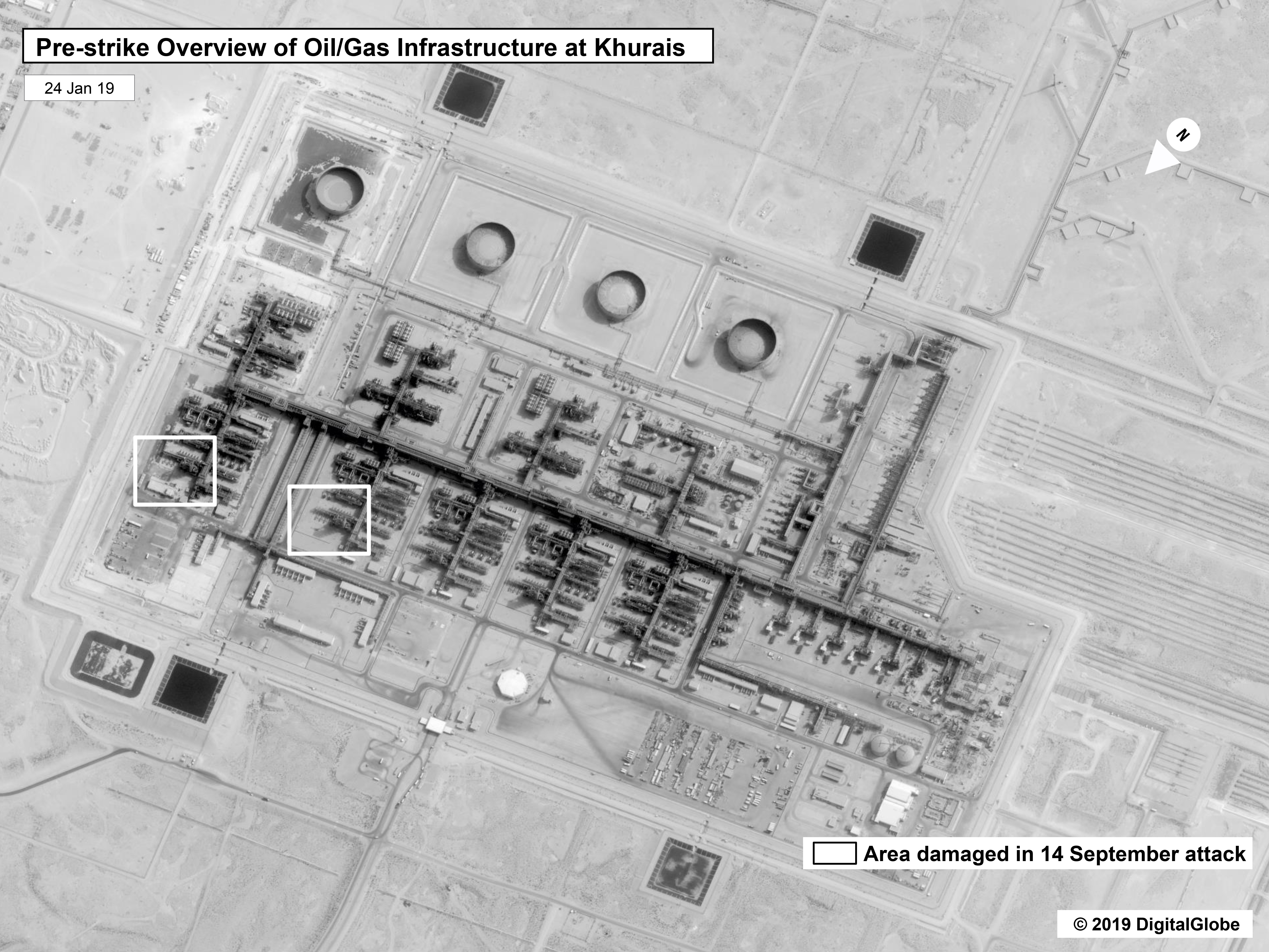 caption: This image provided on Sunday by the U.S. government and DigitalGlobe and annotated by the source, shows a prestrike overview at Saudi Aramco's Khurais oil field in Buqayq, Saudi Arabia.