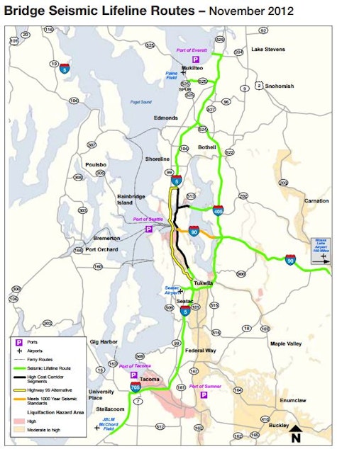 caption: Routes in green represent WSDOT's seismic lifeline routes after a big earthquake. An alternative route to I-5 (in black) is SR 99 through Seattle.