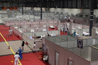 caption: A temporary field hospital set up at IFEMA Convention Center in Madrid, Spain, on Thursday. Spain is one of the countries hit hardest by the coronavirus pandemic.