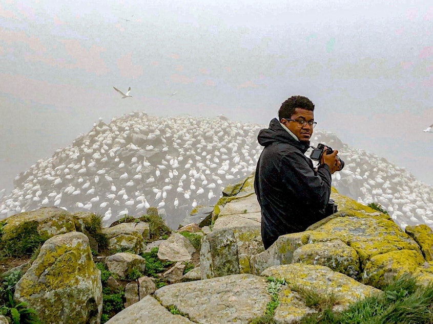 caption: Jason Ward looking at Northern Gannets in Newfoundland, Canada. Ward is the host of "Birds of North America," a documentary series on YouTube. He says about a dozen birding Facebook groups around the country have been actively squelching conversations about race. 