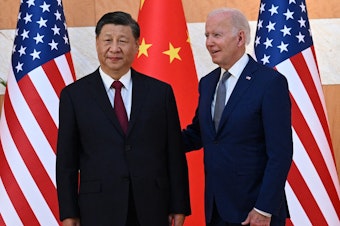 caption: U.S. President Joe Biden and China's President Xi Jinping are shown meeting on the sidelines of the G20 Summit in Nusa Dua on the Indonesian resort island of Bali on November 14, 2022.