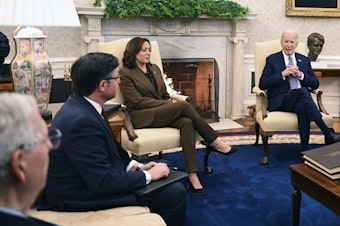 caption: President Biden and Vice President Harris met with House Speaker Mike Johnson and other top congressional leaders in the Oval Office on Feb. 27 to discuss government funding and Ukraine aid.