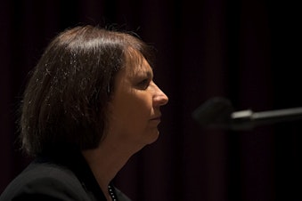 caption: Seattle Public School Superintendent Denise Juneau listens during a public meeting to address concerns about abusive teachers within the Seattle Public School system on Thursday, February 13, 2020, at the Quincy Jones Performing Arts Center at Garfield High School in Seattle. 
