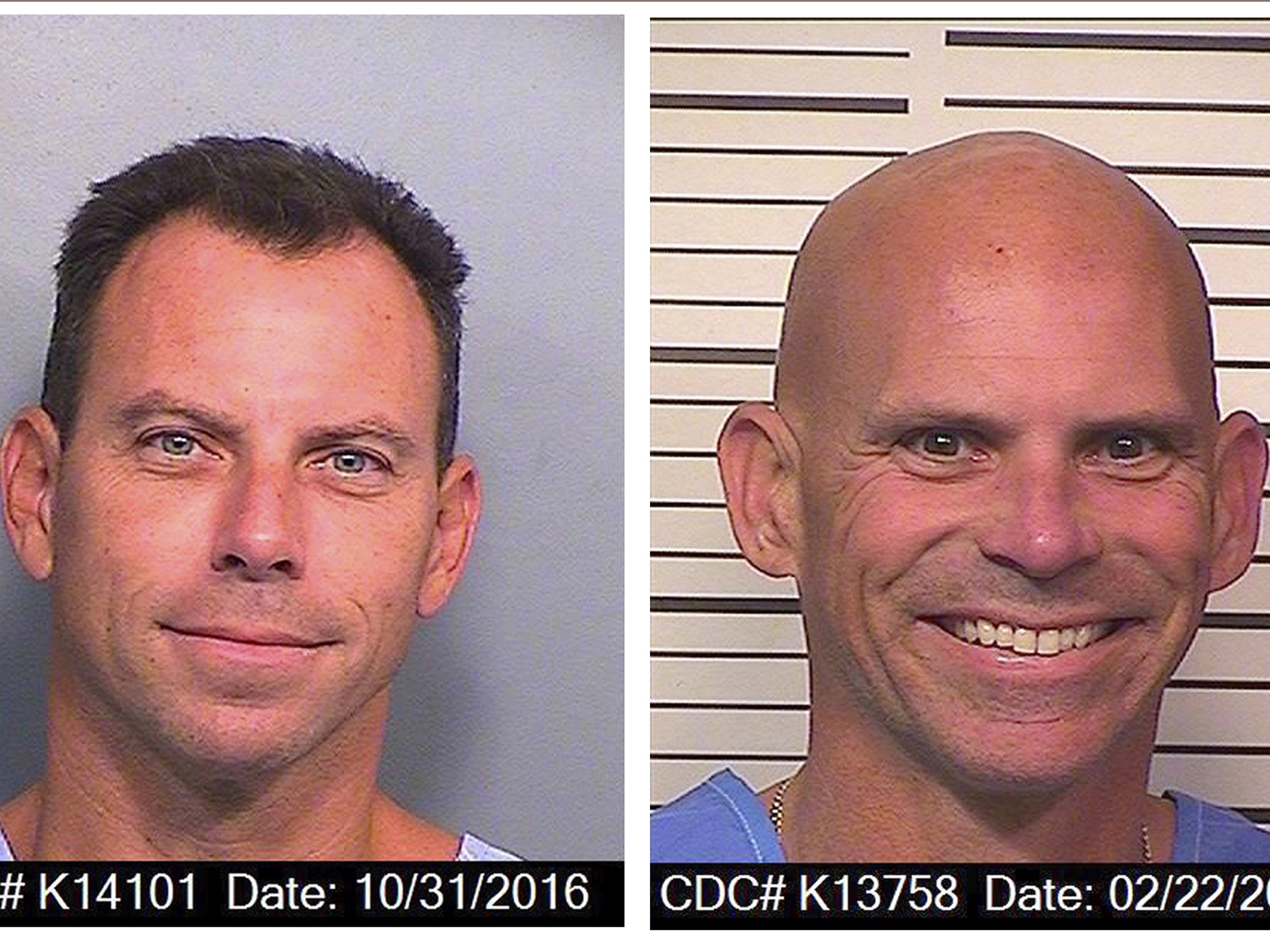 caption: An Oct. 31, 2016, photo provided by the California Department of Corrections and Rehabilitation shows Erik Menendez, left, and a Feb. 22, 2018, photo provided by the California Department of Corrections and Rehabilitation shows Lyle Menendez.