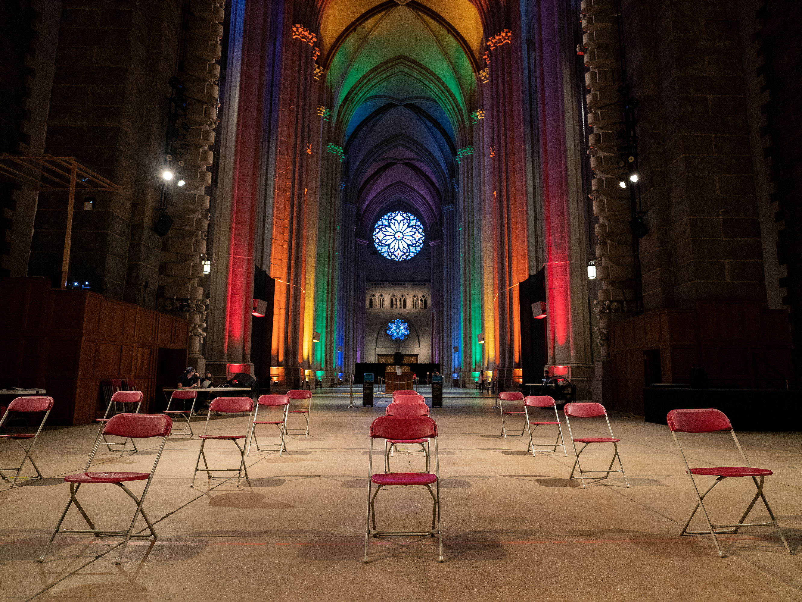 caption: The waiting area of a pop-up vaccination site at St. John The Divine Cathedral sits empty as the rush for vaccinations winds down on June 27, 2021 in New York City. The demand for vaccinations has declined just as the Delta Plus variant of the coronavirus begins to take hold in the United States.