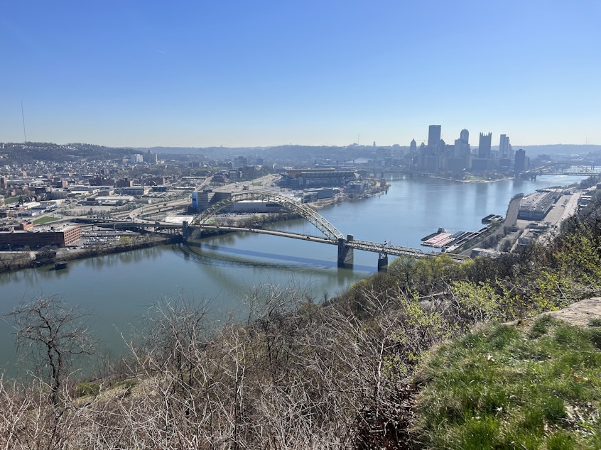caption: The Allegheny and Monongahela rivers converge to form the start of the Ohio River in Pittsburgh, Pa. The 981-mile-long river stretches all the way to Cairo, Ill., where it flows into the Mississippi River. The Ohio River supplies drinking water to 5 million people.