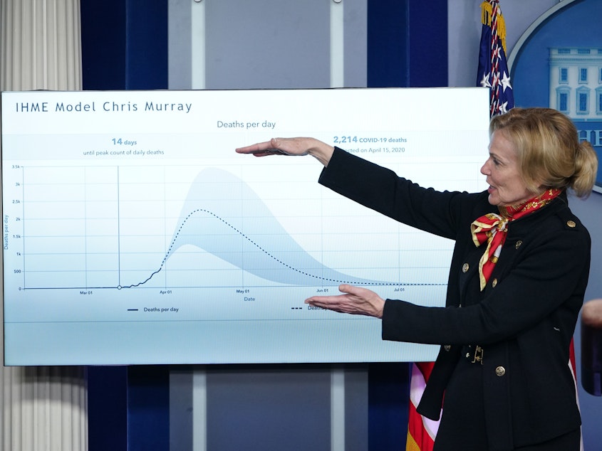 caption: Response coordinator for White House Coronavirus Task Force Dr. Deborah Birx speaks at Monday's press briefing as she points at a graphic.