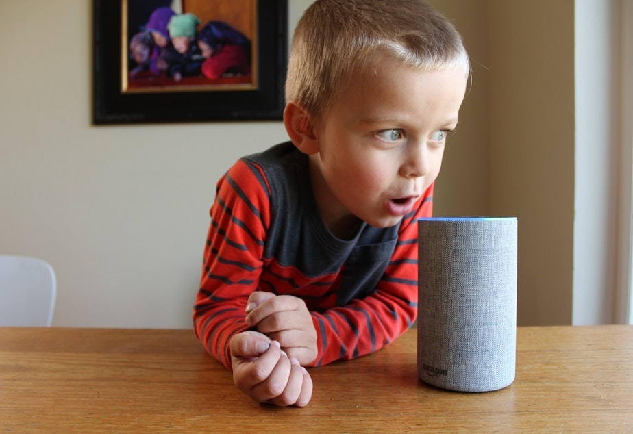 caption: Oscar Pulkkinen, 4, chats with Amazon's Alexa voice assistant through the company's Echo smart speaker.