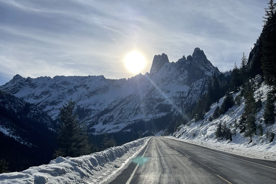 caption: U.S. Highway 20 ascends into the North Cascades on Nov. 29, 2023.