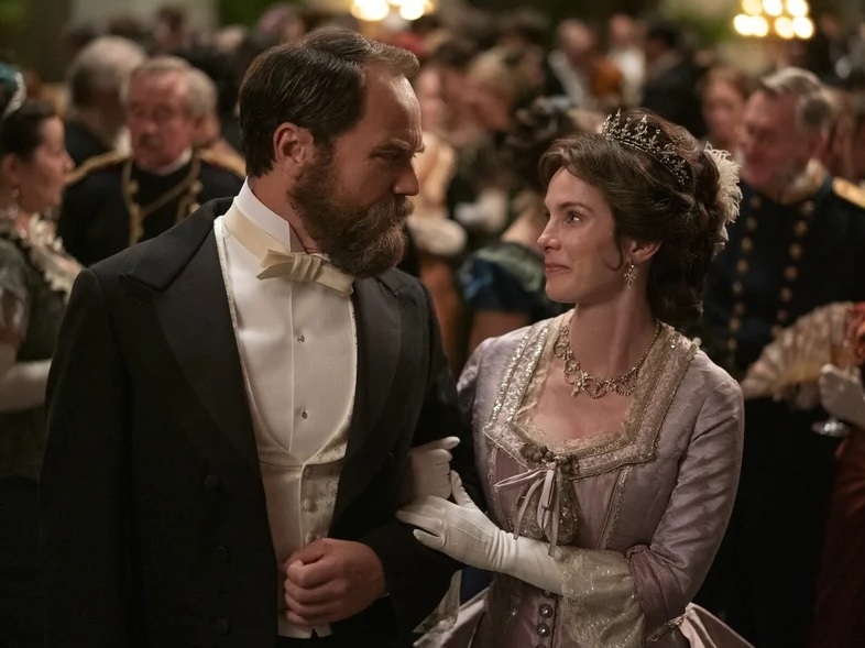 caption: Michael Shannon plays President James Garfield and Betty Gilpin is first lady Crete Garfield in <em>Death By Lightning.</em>