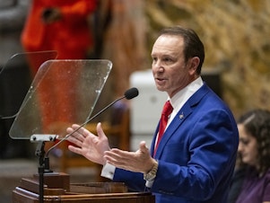 caption: Louisiana Gov. Jeff Landry speaks during the start of a special session in Baton Rouge, La., on Jan. 15, 2024. Landry signed a bill in June allowing surgical castration to be a potential punishment for certain sex offenses against children.