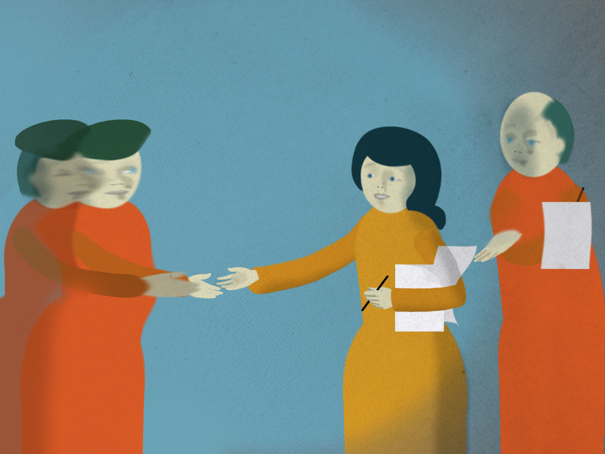 An illustration depicting a friendly relationship at left and a series of people passing notes up a chain to the right, ultimately to a secret police officer.