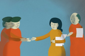 An illustration depicting a friendly relationship at left and a series of people passing notes up a chain to the right, ultimately to a secret police officer.