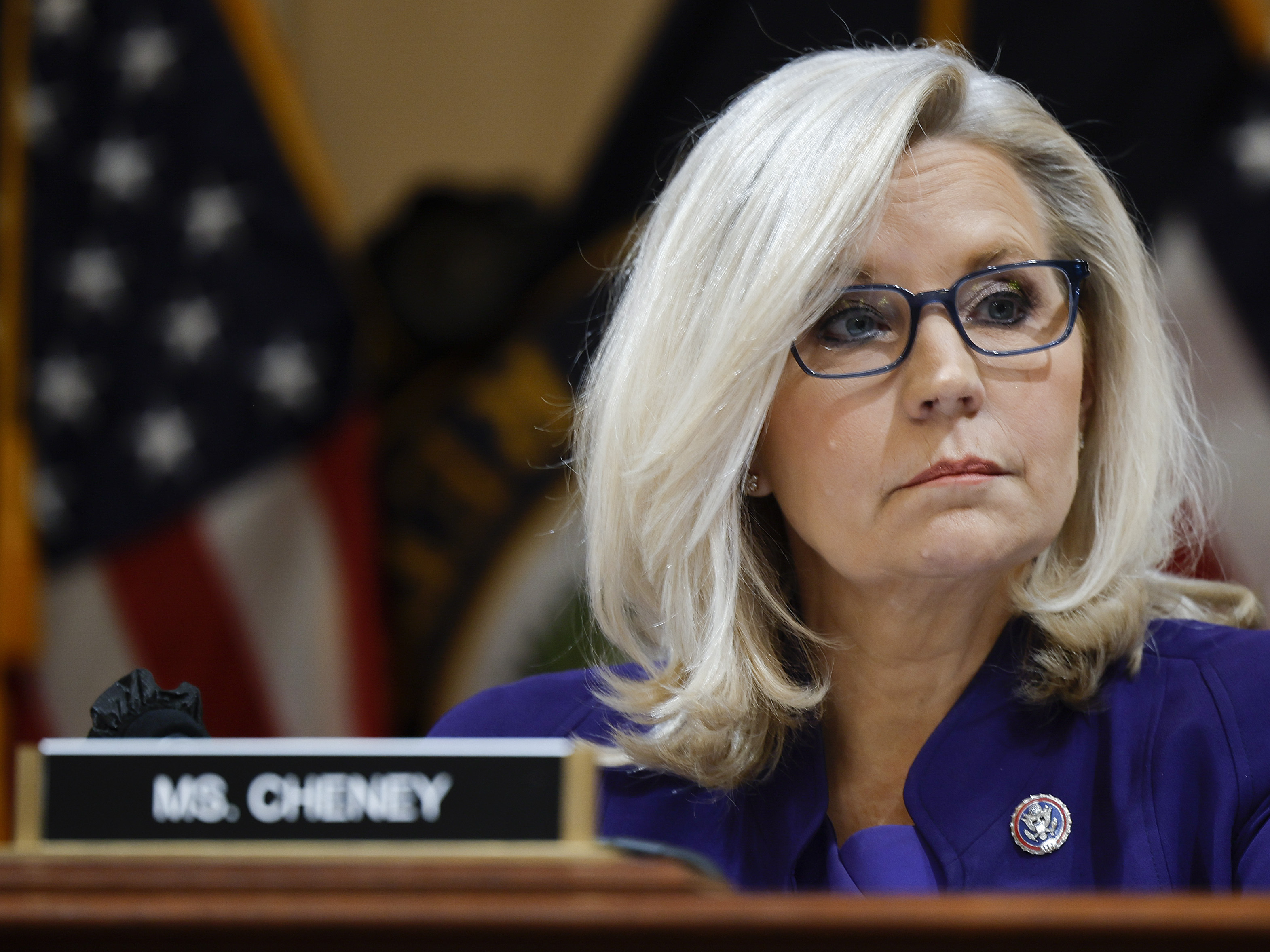 caption: Rep. Liz Cheney, R-Wyo., vice chairwoman of the Select Committee to Investigate the January 6th Attack on the U.S. Capitol, participates in the panel's last public meeting on Dec. 19, 2022 in Washington, D.C.