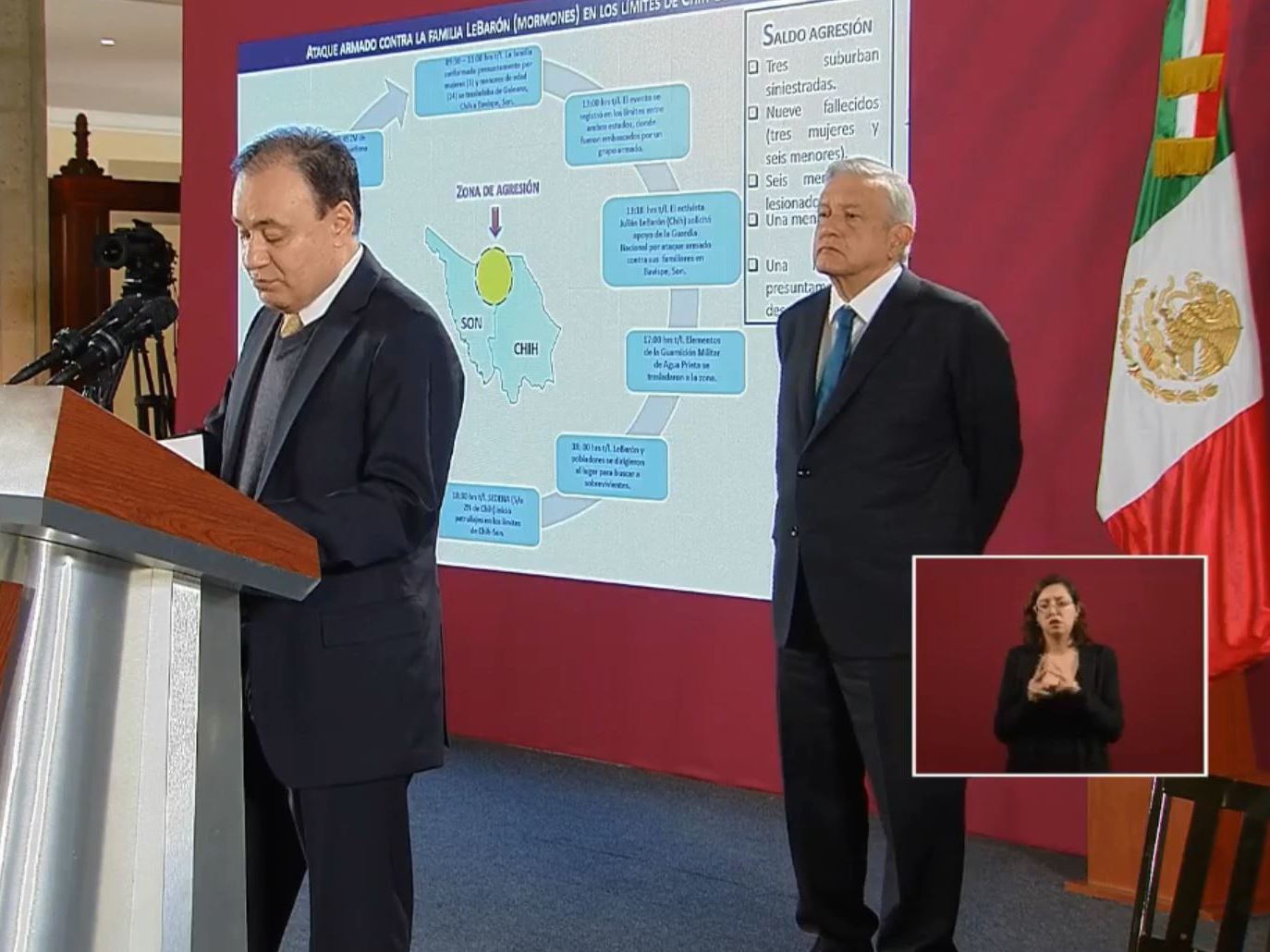 caption: Members of the extended LeBaron family were caught in a brutal attack, Mexican officials say. Here, President Andrés Manuel López Obrador looks on as Security Minister Alfonso Durazo discusses the attack during a news conference Tuesday morning.