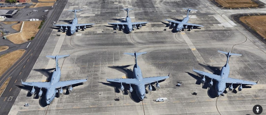 caption: C-17s, which carry nuclear weapons, at Joint Base Lewis-McChord, as seen from Google Earth. 