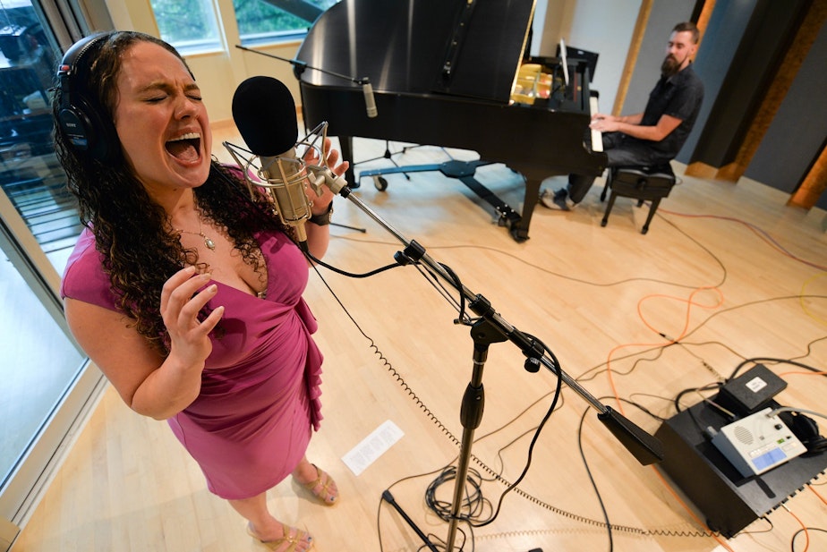 caption: Blues singer Courtney Weaver performs in the KUOW studios.