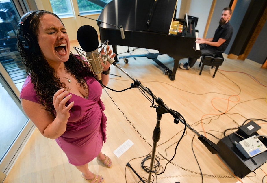 caption: Blues singer Courtney Weaver performs in the KUOW studios.