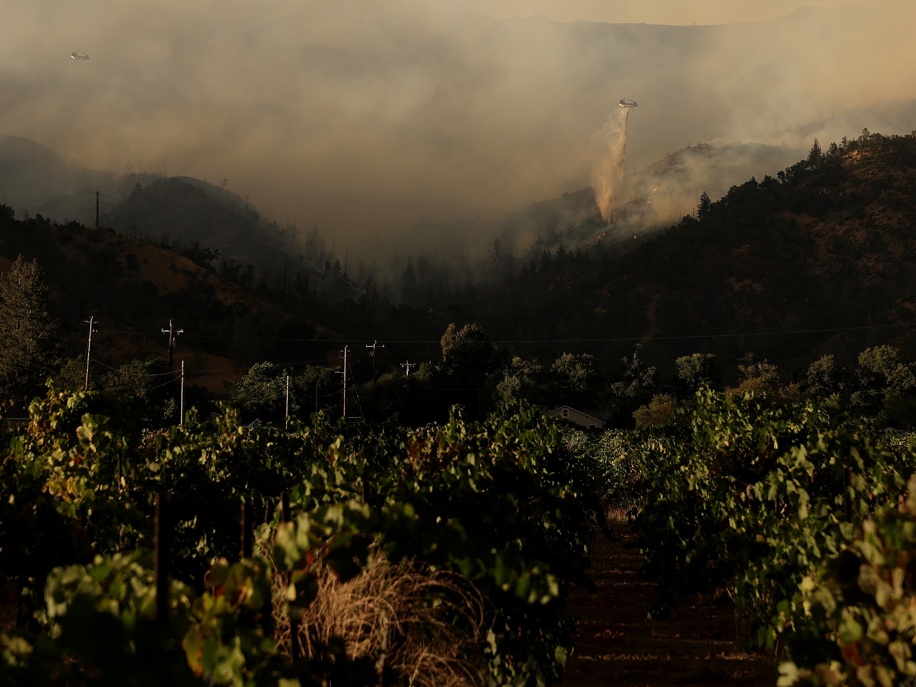caption: A firefighting helicopter drops water onto the Pickett Fire as it burns in the hills near a vineyard on Aug. 21, 2025 in Calistoga, California.