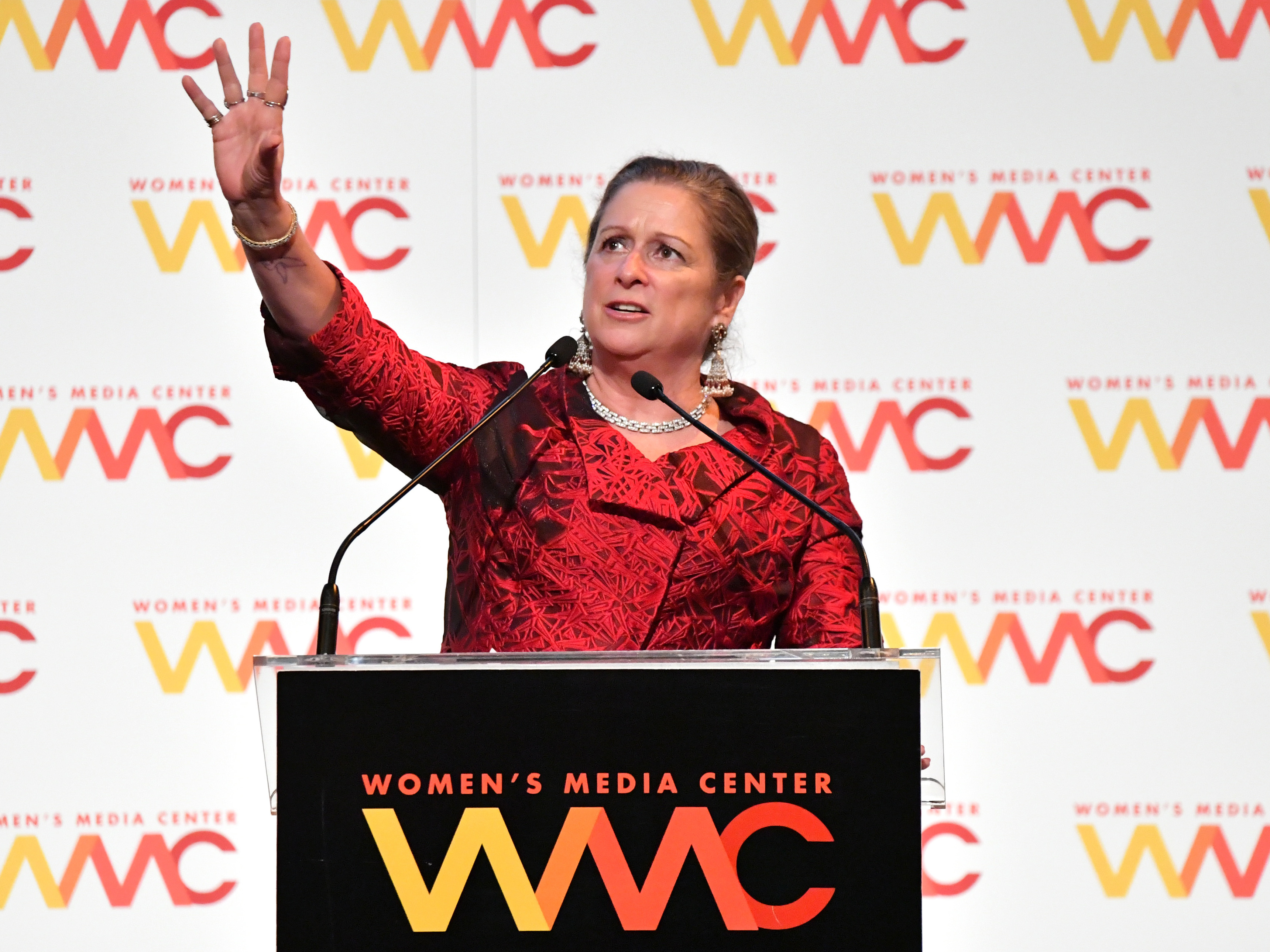 caption: Honoree Abigail Disney speaks during the 2018 Women's Media Awards at Capitale on Nov. 1, 2018 in New York City.
