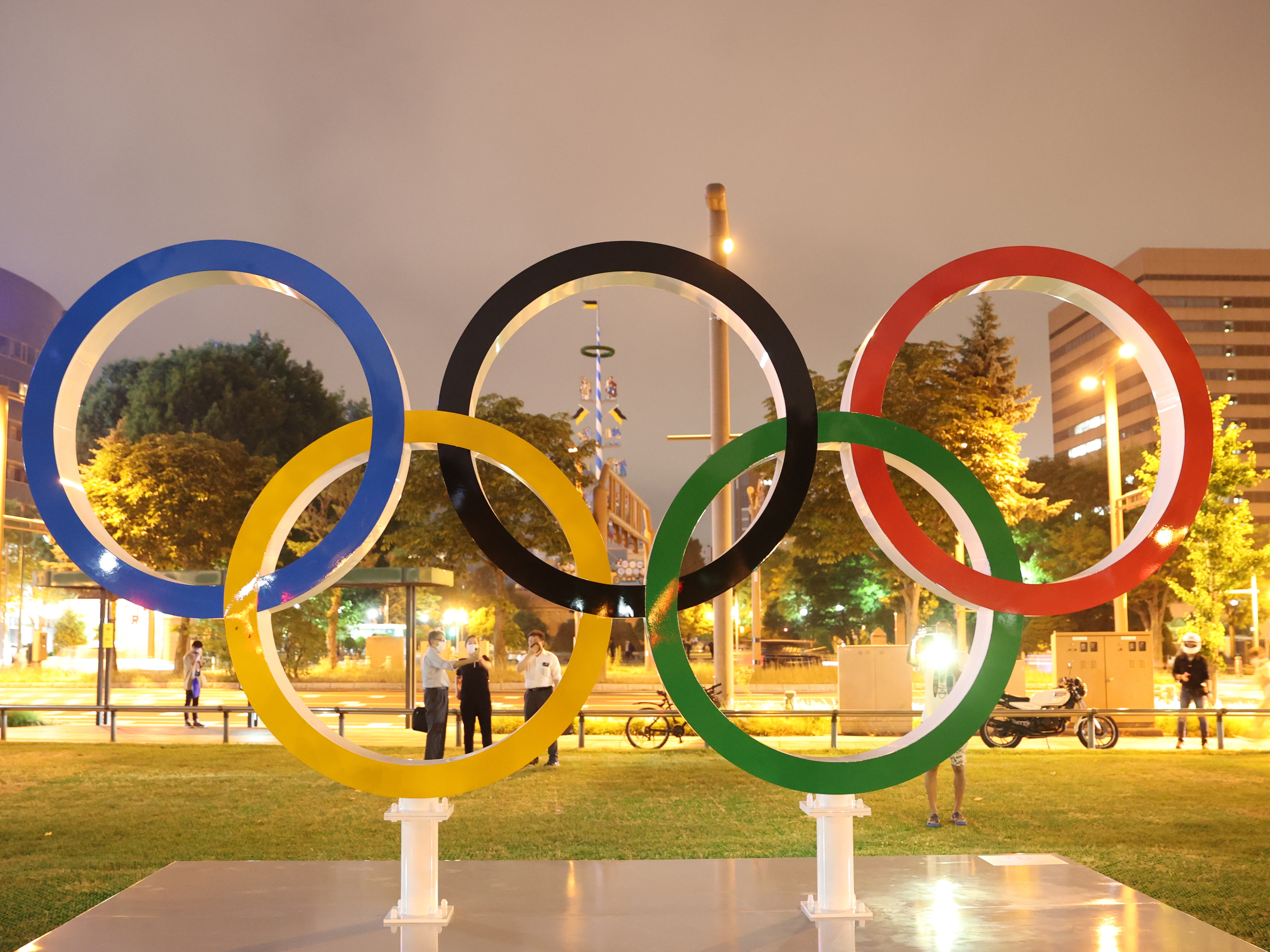 caption: The Olympic rings at Odori Park in Sapporo Hokkaido, Japan on Tuesday.