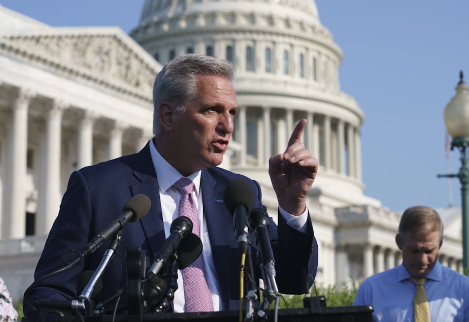 caption: House Minority Leader Kevin McCarthy, R-Calif., joined at right by Rep. Jim Jordan, R-Ohio, on July 27, 2021. The House select committee on the Jan. 6 attack on the Capitol has issued subpoenas for both lawmakers, as well as other Republicans.