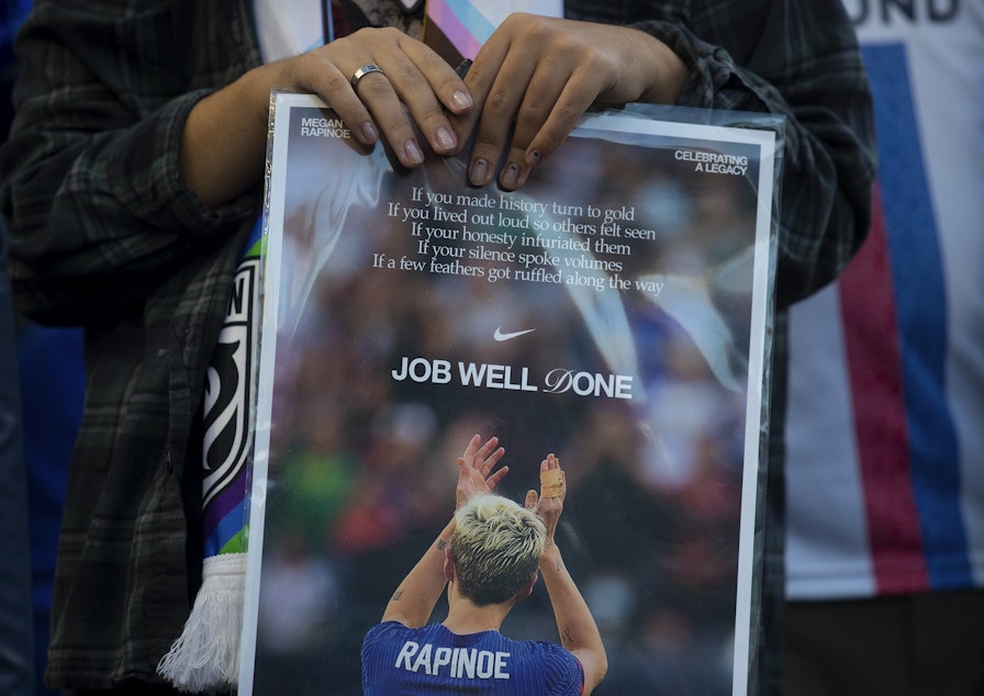 caption: Fans broke an NWSL attendance record of 34,130 during Megan Rapinoe’s last regular-season NWSL home game against the Washington Spirit on Friday, October 6, 2023, at Lumen Field in Seattle.