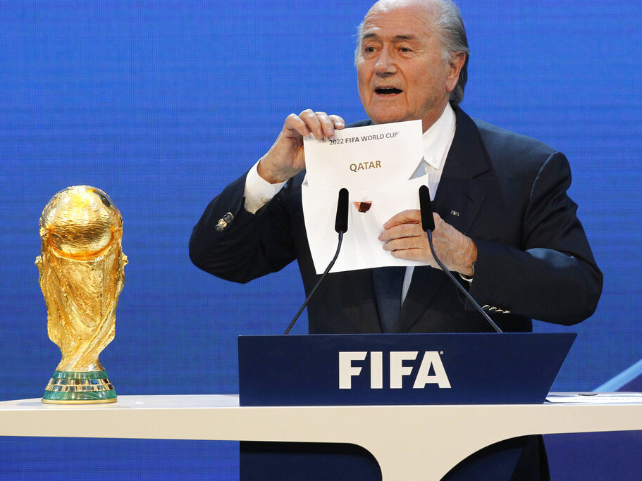 caption: FIFA President Sepp Blatter announces Qatar as the host of the 2022 World Cup at a ceremony in December 2010 in Zurich, Switzerland.