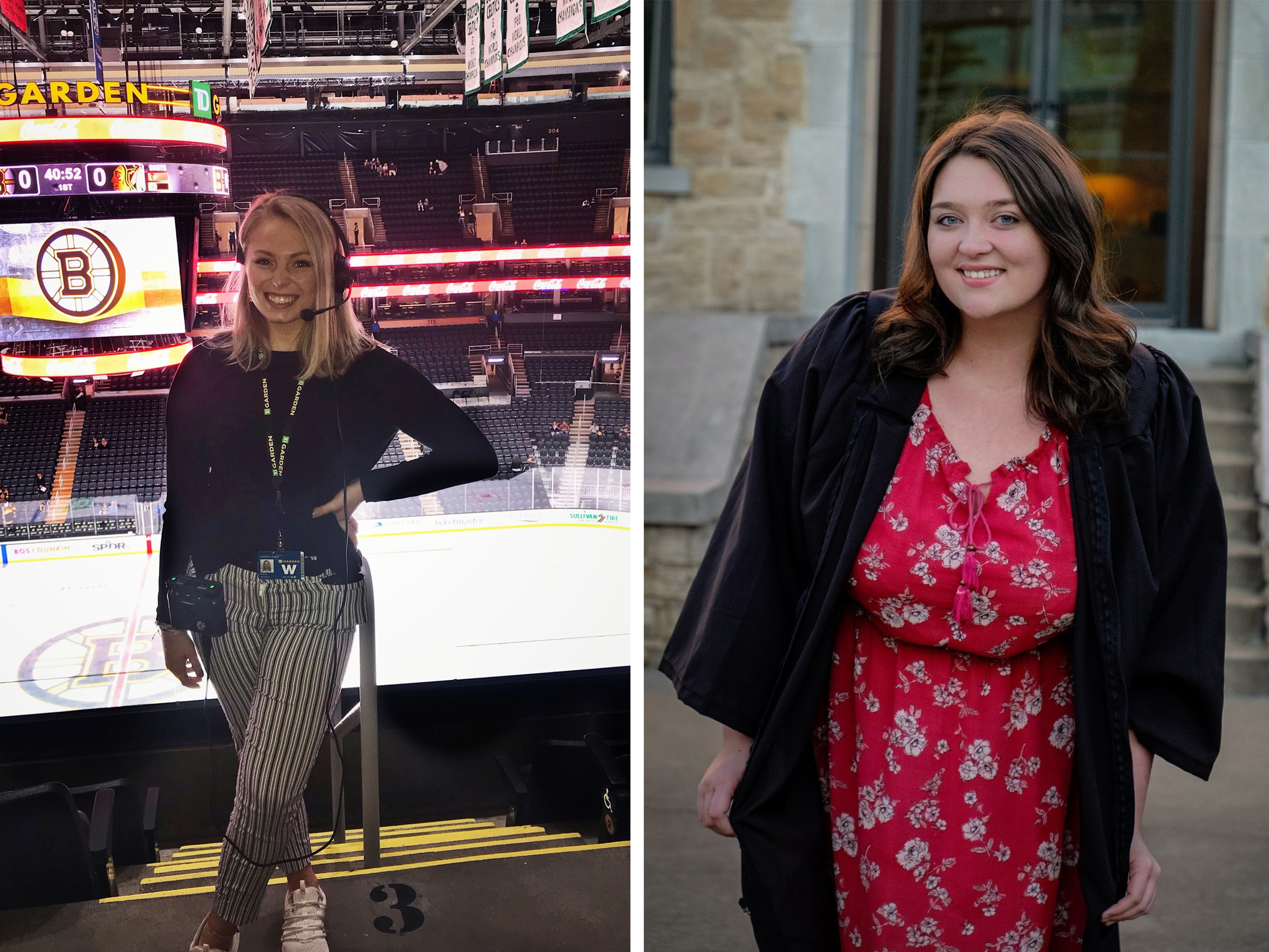 caption: Left: Allie Clancy could not finish her dream internship at Boston's TD Garden arena. (Jonas Spencer/Courtesy of Allie Clancy); Right: Brittany Weaver is about to graduate from College of the Ozarks in Missouri. (Kressa Phillips/Courtesy of Brittany Weaver)