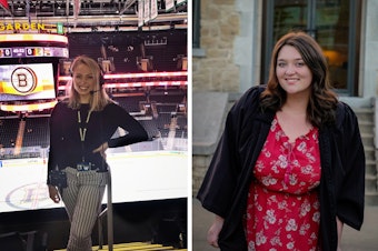 caption: Left: Allie Clancy could not finish her dream internship at Boston's TD Garden arena. (Jonas Spencer/Courtesy of Allie Clancy); Right: Brittany Weaver is about to graduate from College of the Ozarks in Missouri. (Kressa Phillips/Courtesy of Brittany Weaver)