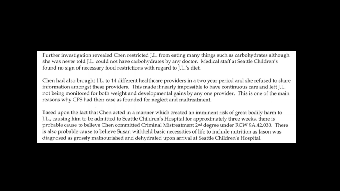 caption: Redmond police charging papers outline their reasoning for arresting the mother. She was charged with criminal mistreatment in the second degree. Later charges were dropped against Chen. 