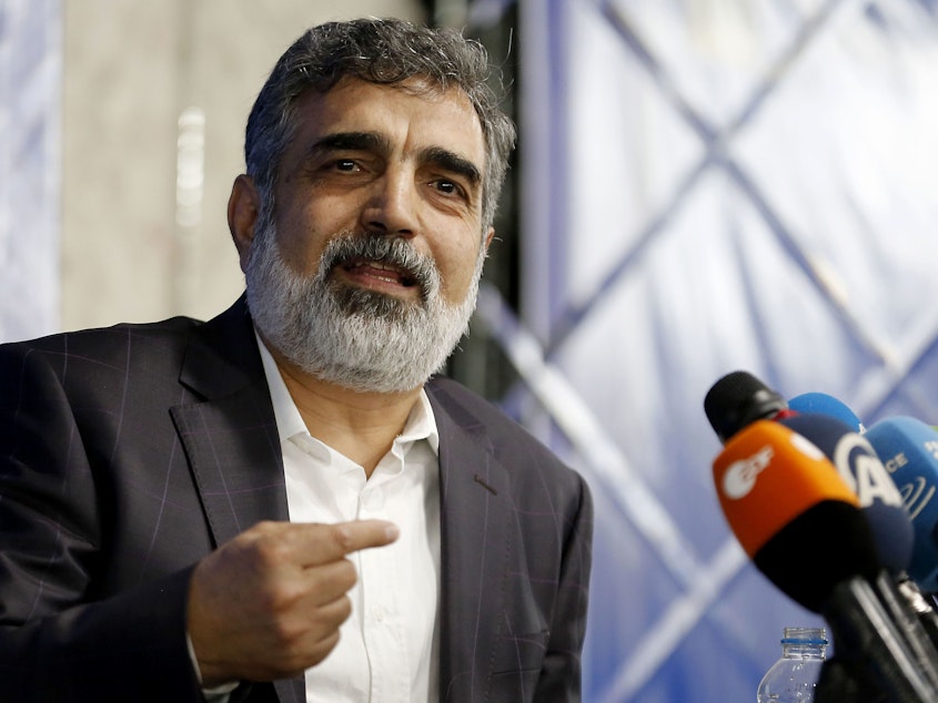 caption: Atomic Energy Organization of Iran spokesman Behrouz Kamalvandi, pictured at a July 2018 news conference in Tehran, said Monday: "We have quadrupled the rate of enrichment and even increased it more recently."